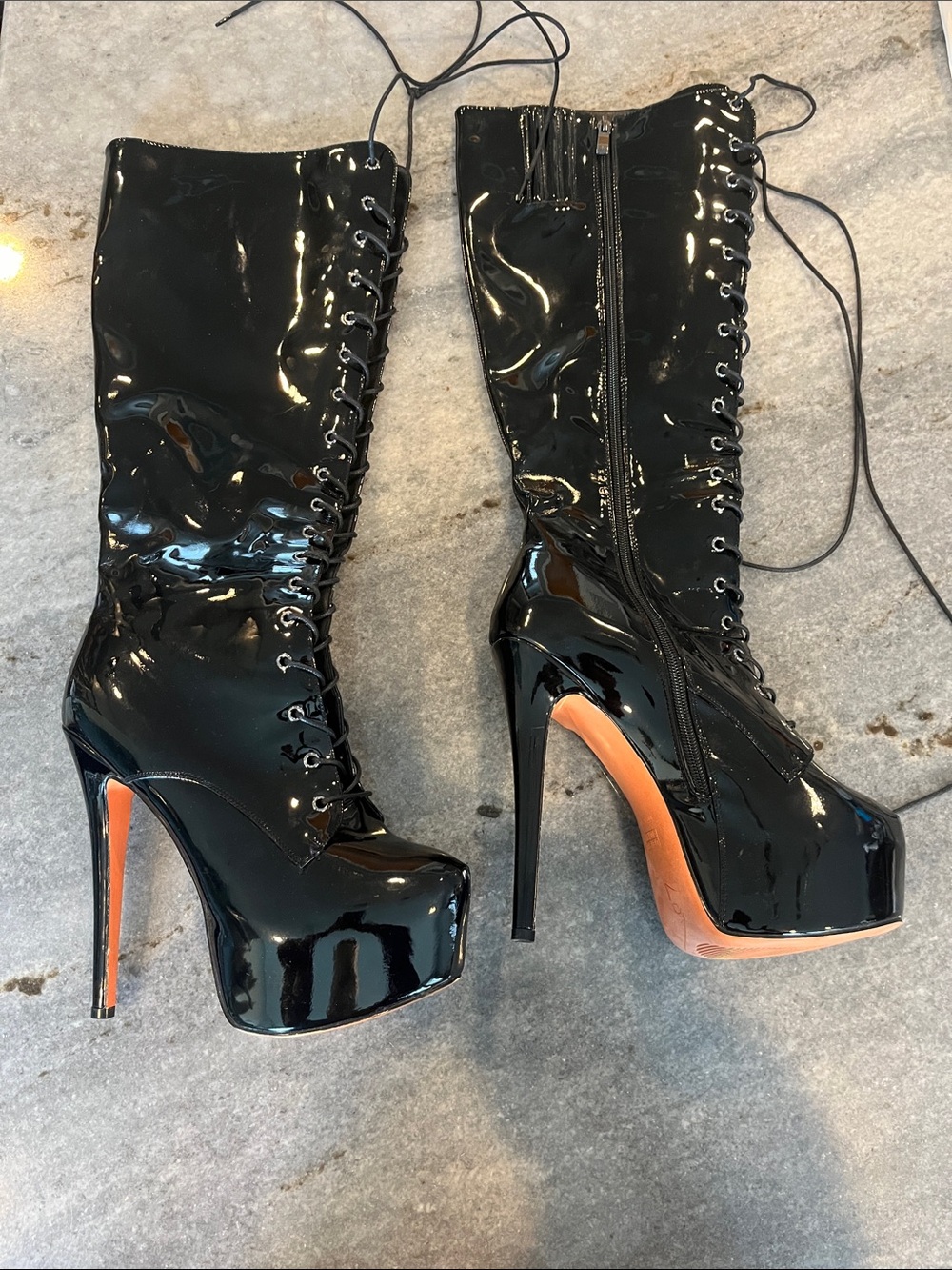 Black Patent Lace-Up Knee-High Platform Boots with Orange Soles